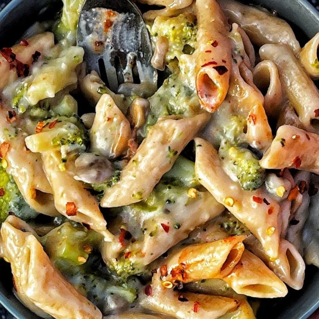 Cream of Broccoli and Mushroom Penne Pasta topped with Chili Crisp Olive Oil (Contains Gluten, Dairy Free, Not Spicy)