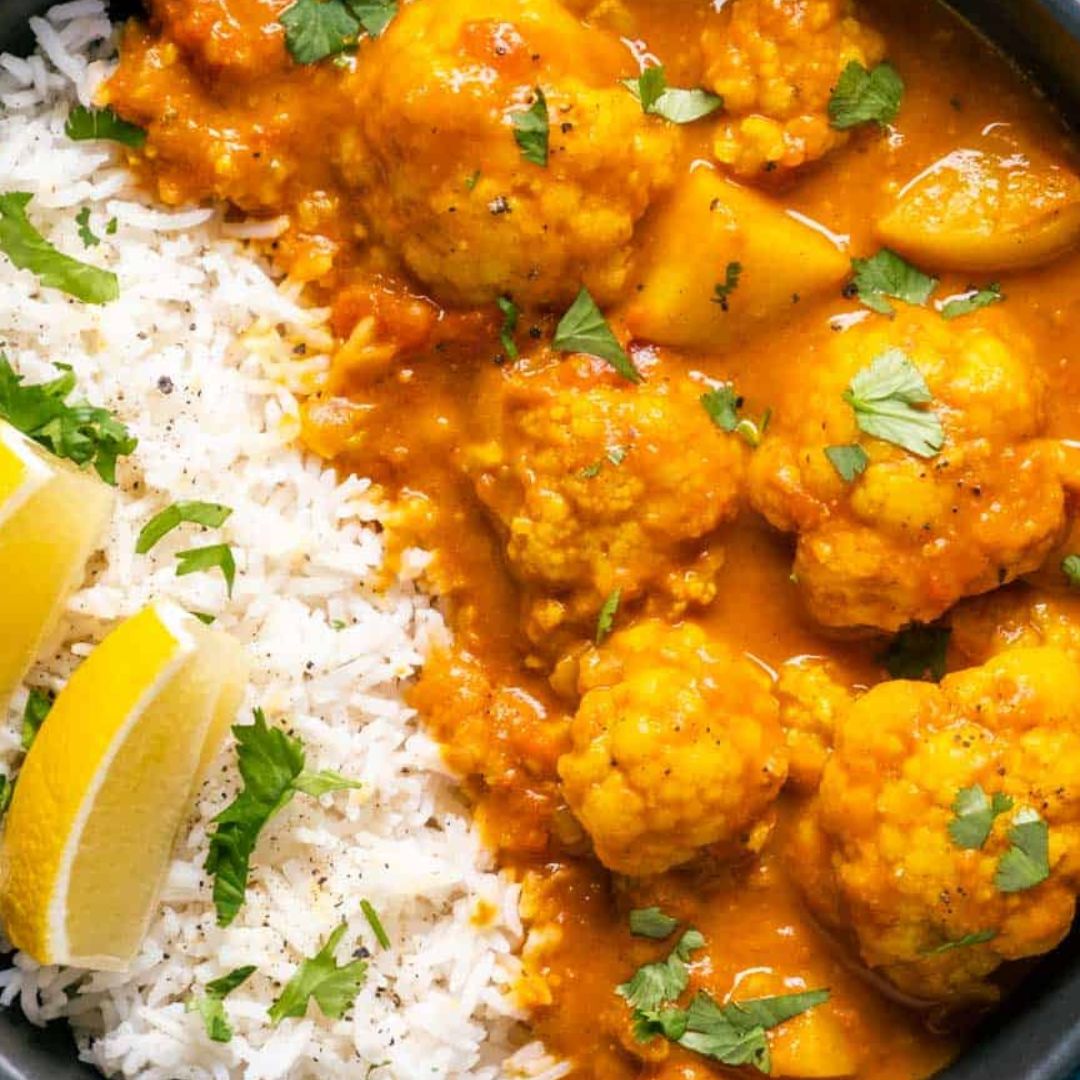 Roasted Cauliflower, Sweet Potato and Chickpea Tikka Masala Curry with Basmati Rice (Contains Gluten, Dairy Free, Mild Spice)