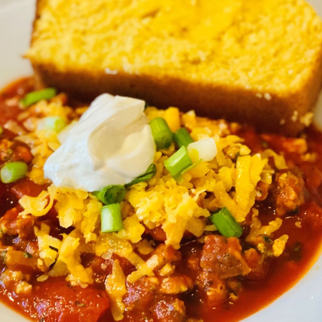 Cincinnati-Style Loaded Vegetable Chili Protein Bowl with Cornbread (Gluten Free, Dairy Free, Not Spicy)