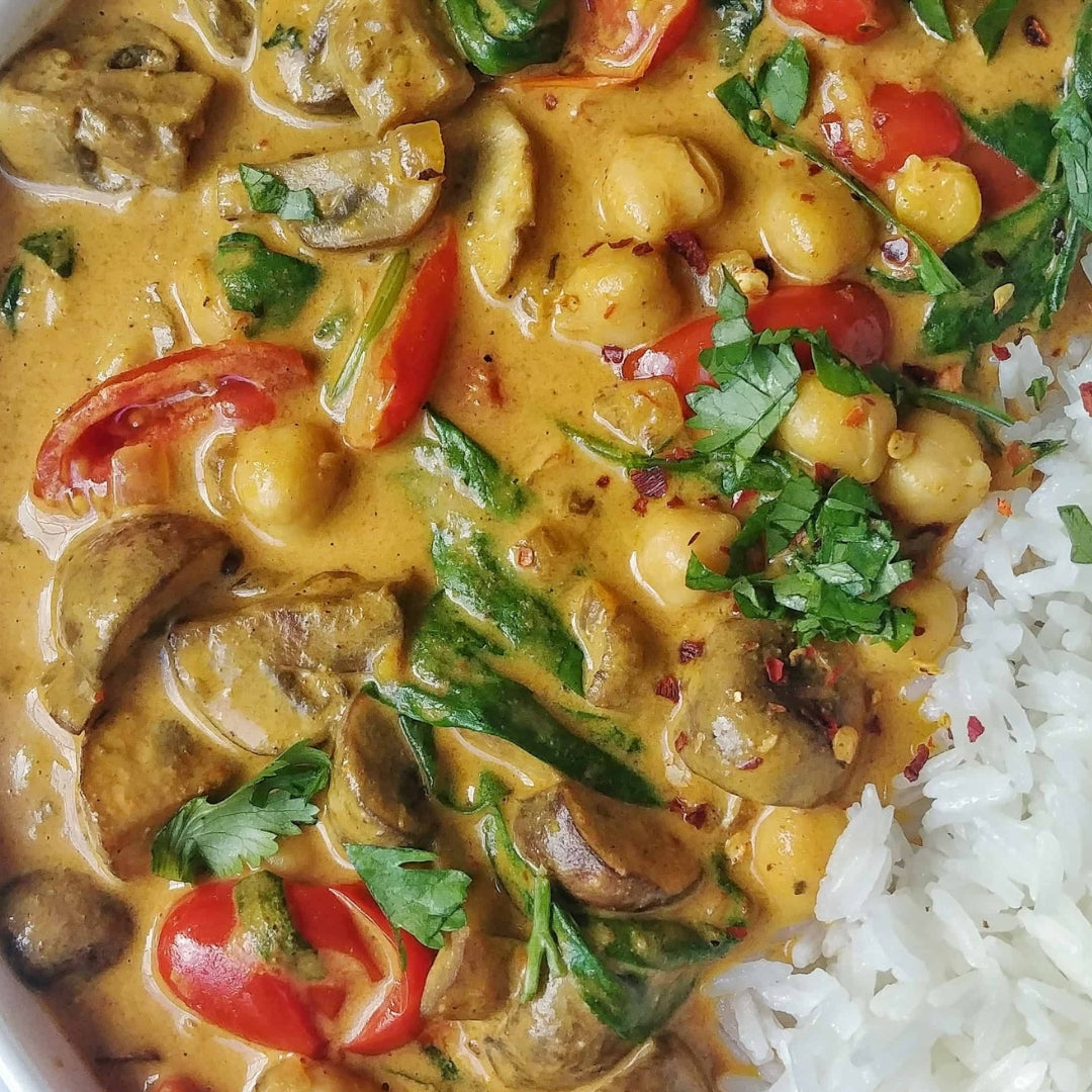 Japanese Mushroom Spinach and Chickpea Curry with Coconut Basmati Rice (Gluten Free, Dairy Free, Not Spicy)