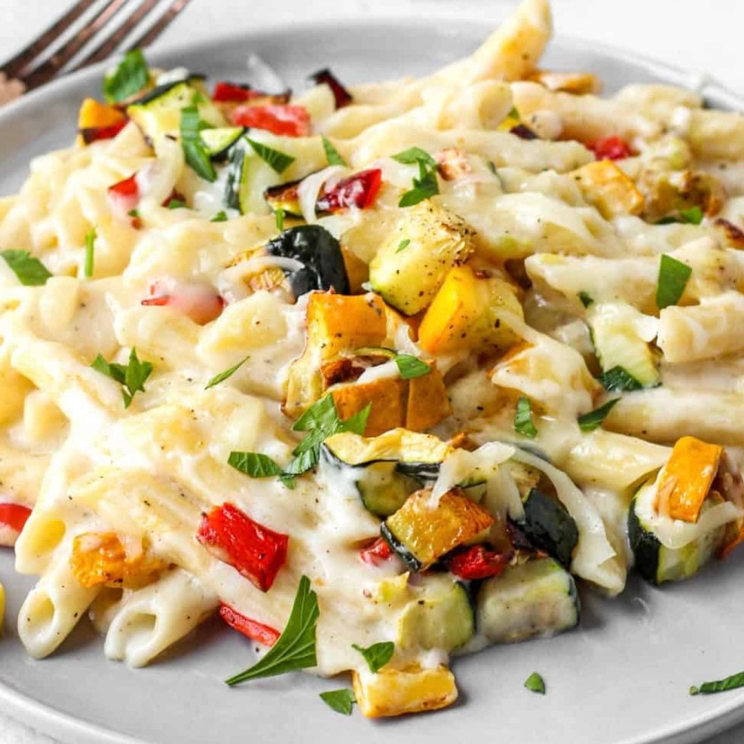 Coconut Truffle Alfredo Penne topped with Roasted Garden Vegetable Medley (Contains Gluten, Dairy Free, Not Spicy)