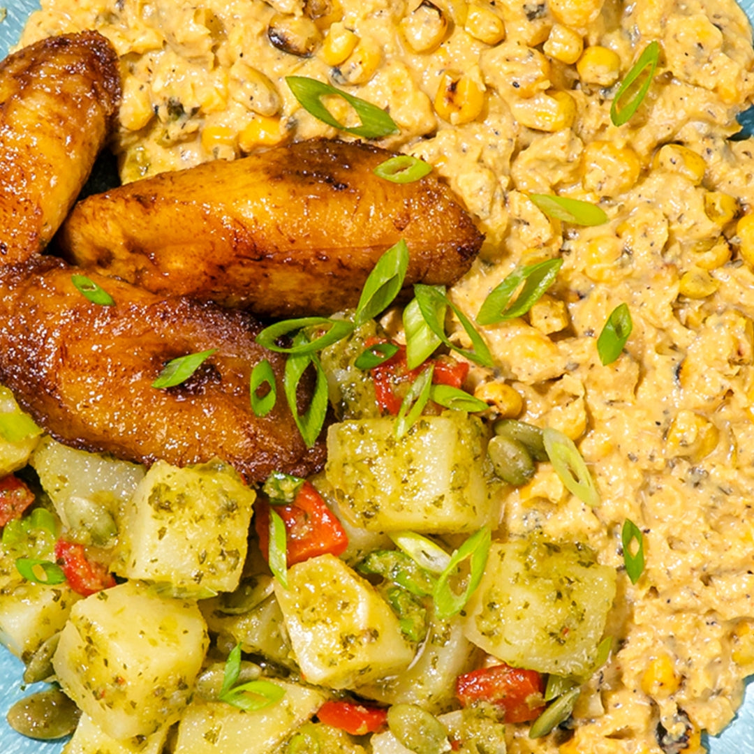 Mexican Harvest Bowl with Fried Plantains, Elote Creamed Corn, Salsa Verde Potato Salad and Peptita Seeds (Dairy Free, Gluten Free, Not Spicy)