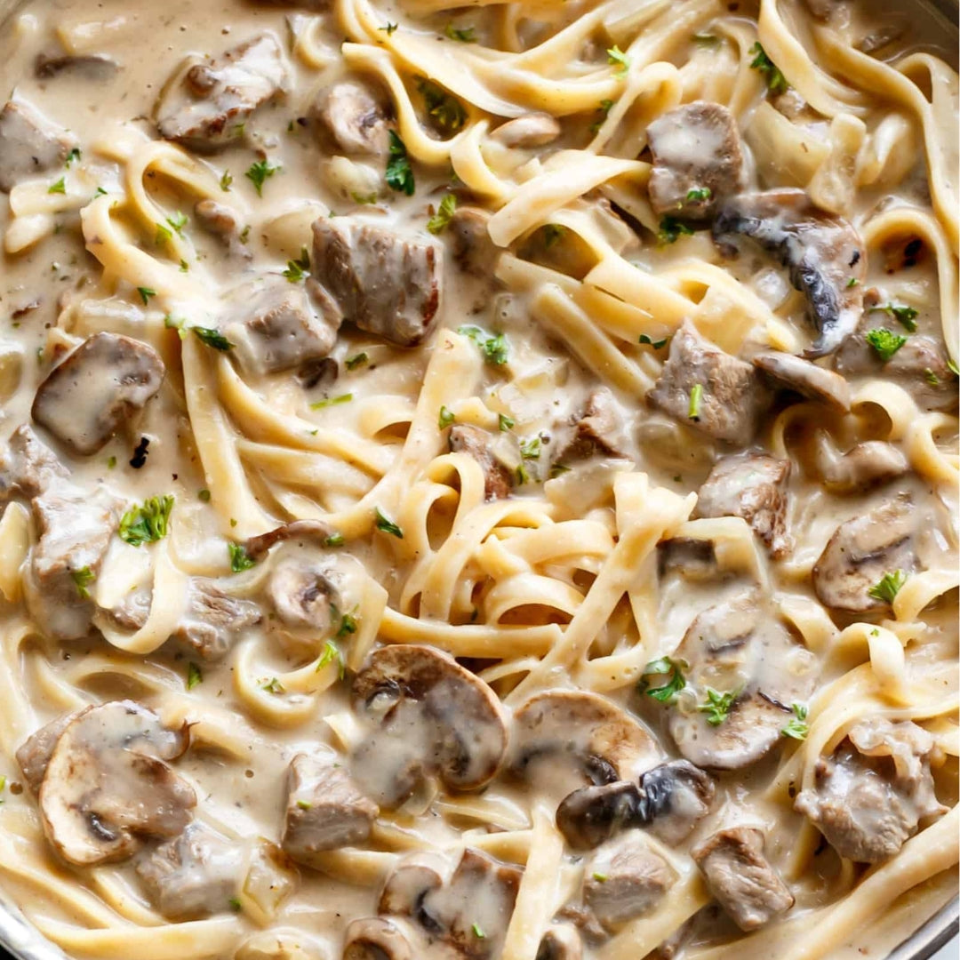 Italian Marsala Sirloin Steak and Mushrooms with Creamy Roasted Garlic Carbonara Fettuccine (Contains Gluten, Contains Dairy, Not Spicy)