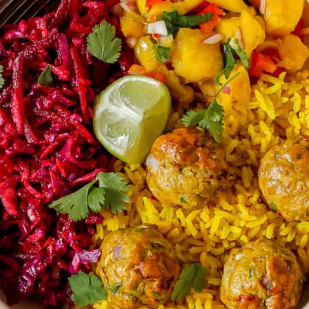 Indian Masala Chicken Meatball Protein Bowl with Beet Cabbage Slaw, Turmeric Rice and Mango Peach Chutney (Gluten Free, Dairy Free, Not Spicy)
