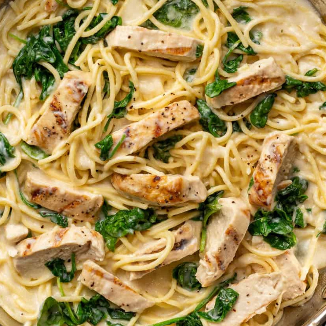 Creamy Béchamel Italian 'Florentine' Grilled Chicken Spaghetti with Sautéed Spinach and Kale (Contains Gluten, Contains Dairy, Not Spicy)