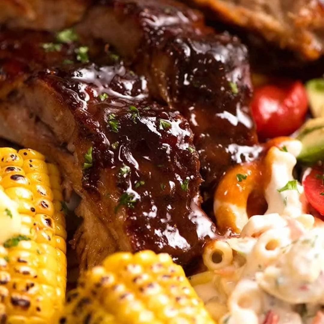 BBQ Ribs ‘Cookout’ Meal with White Cheddar Mac, Butter Corn on the Cob and Garlic String Beans (Contains Gluten, Dairy Free, Not Spicy)