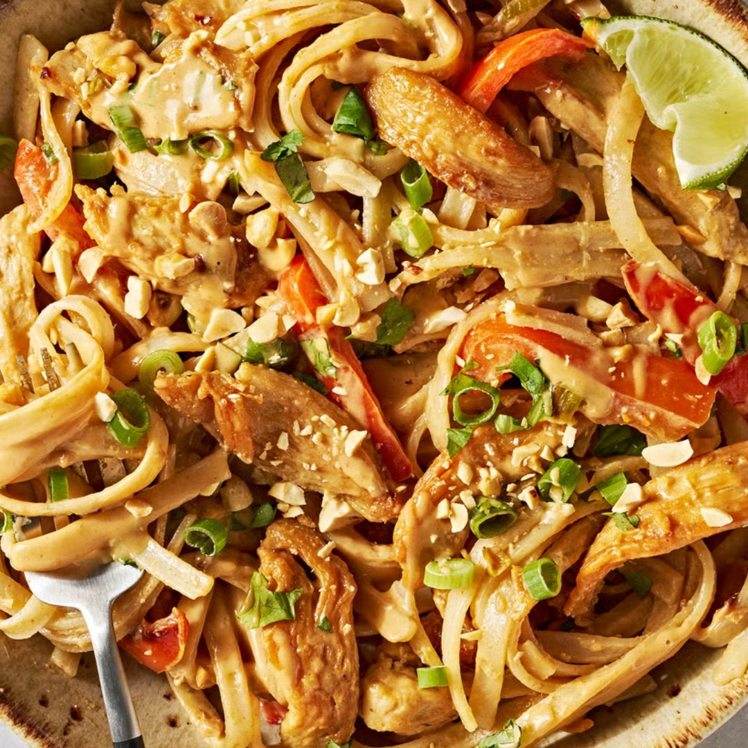 Creamy Pulled Chicken Pad Thai Noodle Bowl with Vegetable Medley and Honey Peanuts (Contains Gluten, Dairy Free, Not Spicy)