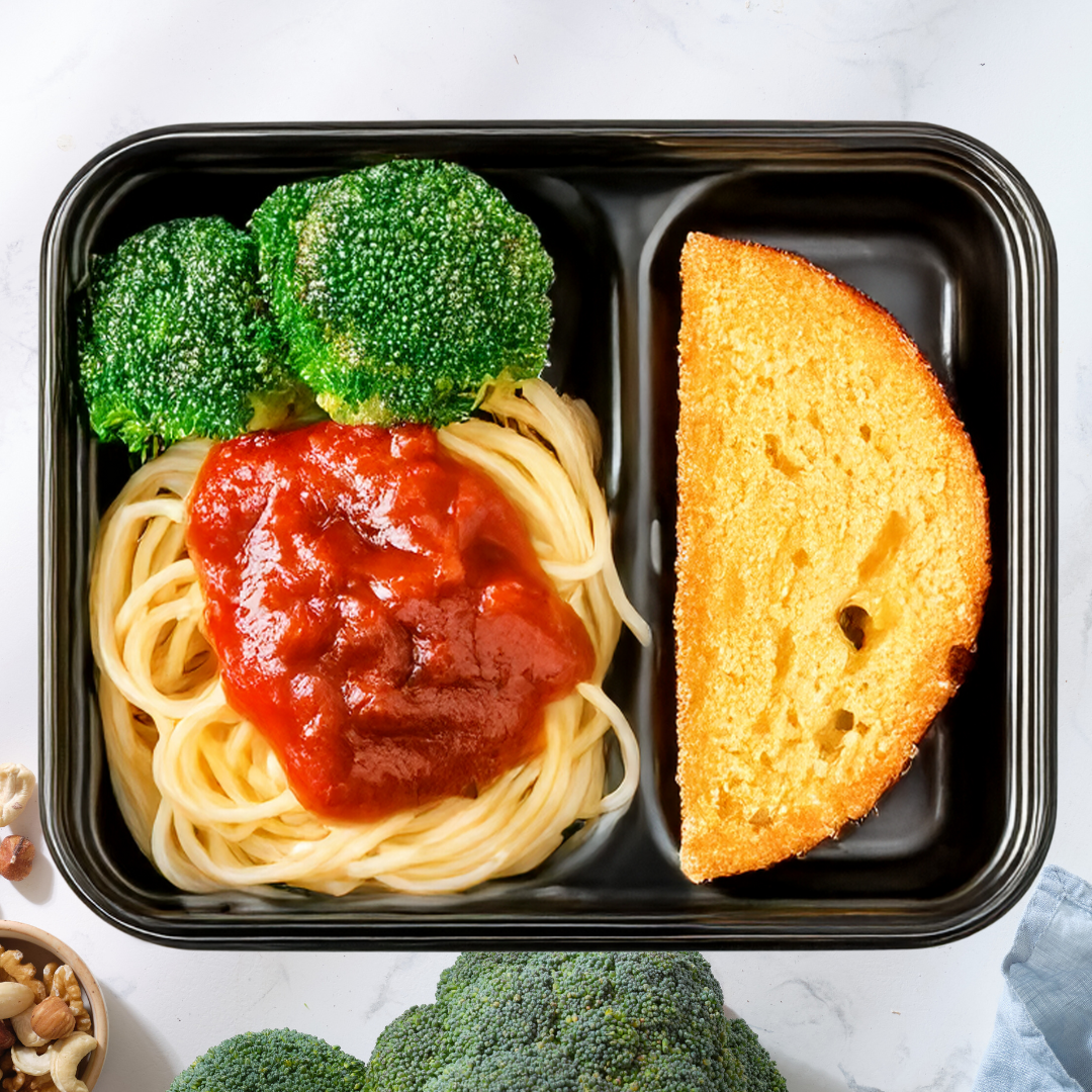 Vegetable Bolognese Spaghetti with Broccoli and Cornbread