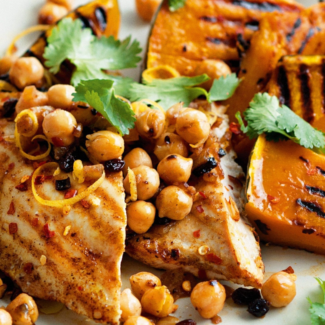 Autumn Protein Bowl with Grilled Chicken and Pumpkin Wedges, with Cumin Roasted Chickpeas (Gluten Free, Dairy Free, Not Spicy)