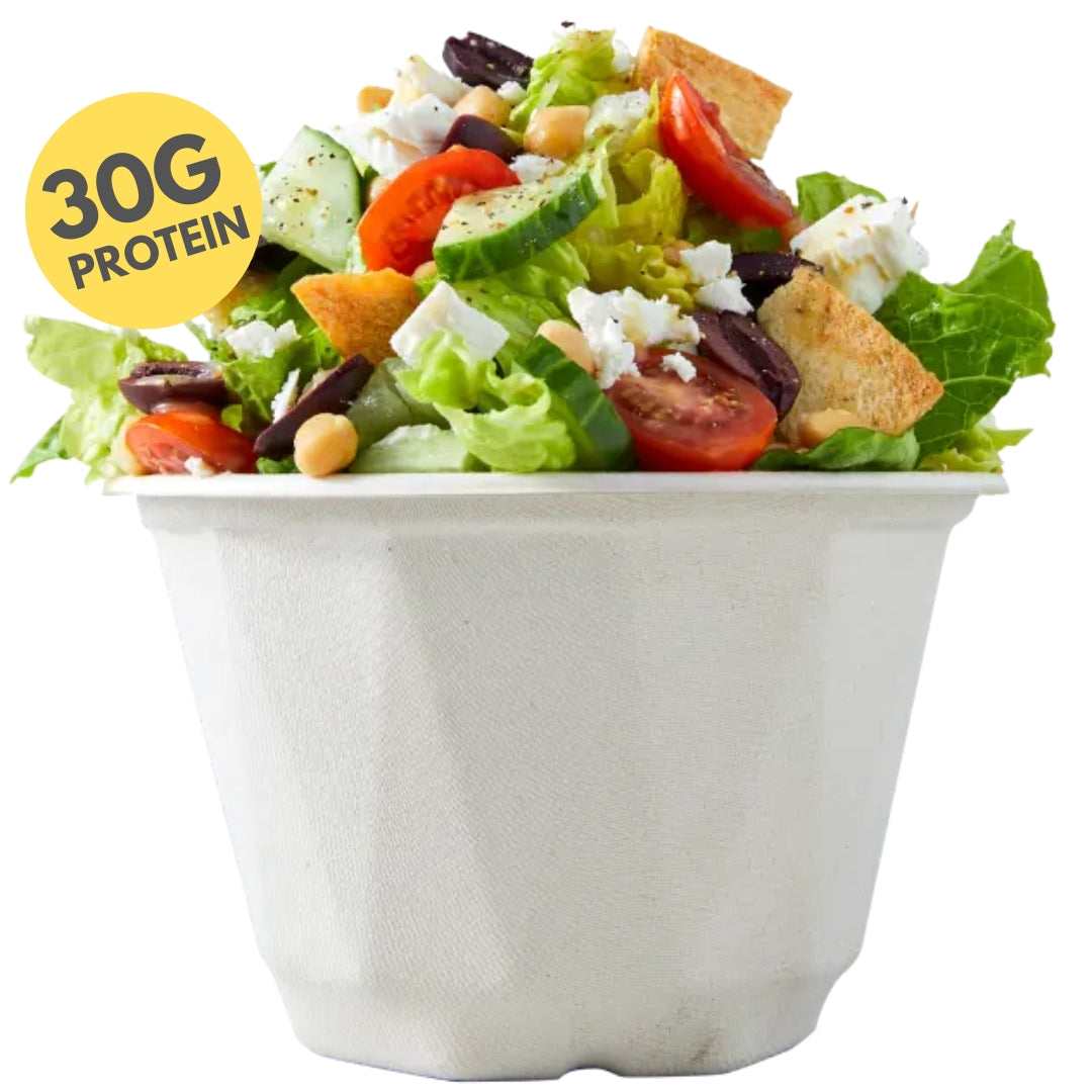 Grilled Chicken Greek Salad - Black Olives, Roasted Chickpeas, Cucumber, Romaine Lettuce, Baby Spinach, Cherry Tomatoes, Feta Cheese, Herb Vinaigrette