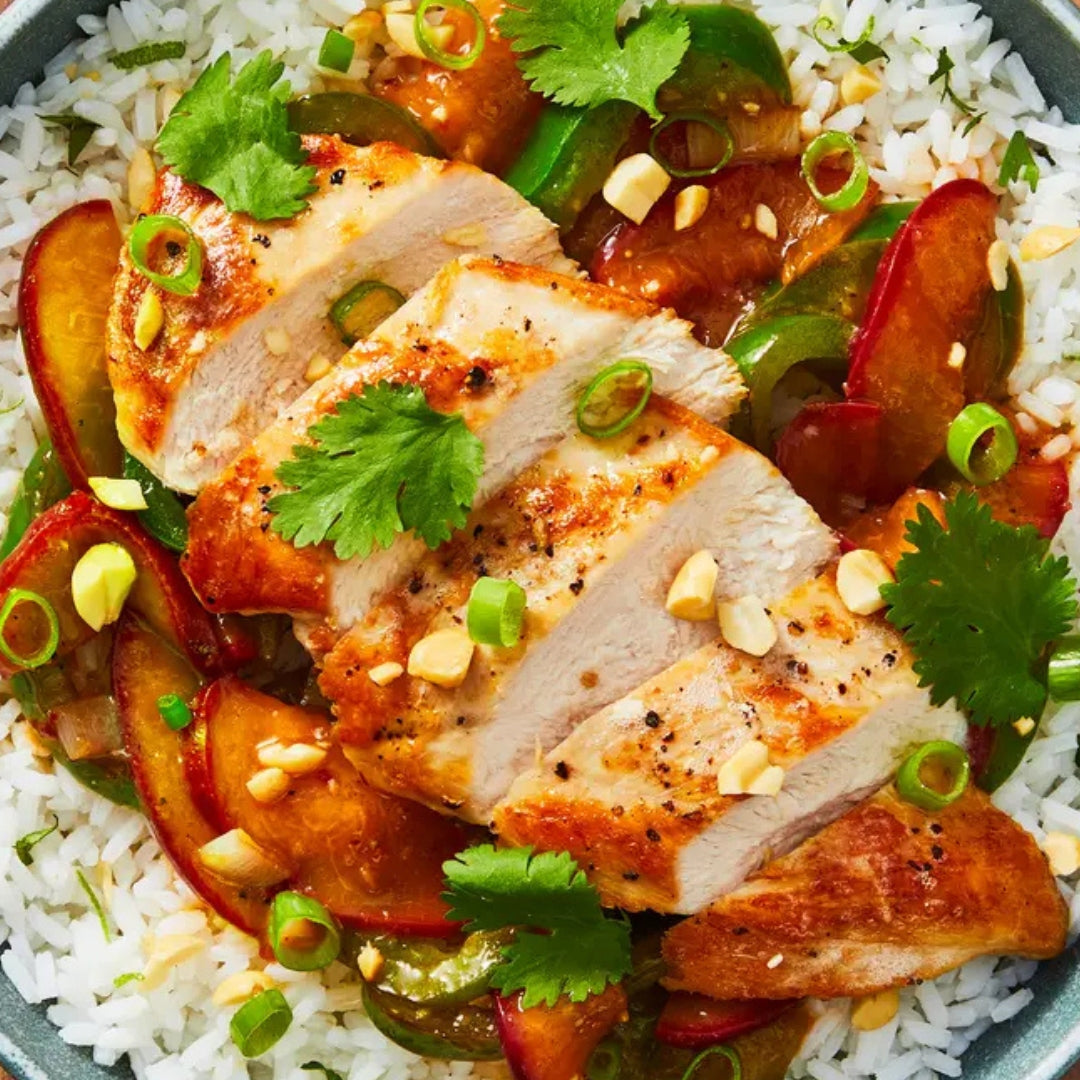 Thai Ginger Peach Chicken with Roasted Peanuts over Coconut Basmati Rice (Gluten Free, Dairy Free, Not Spicy)