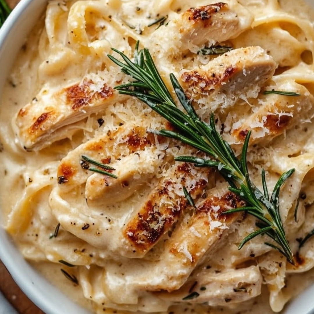 Lemon Pepper Rosemary Fettuccine Alfredo with Blackened Cajun Chicken Strips (Contains Gluten, Dairy Free, Not Spicy)