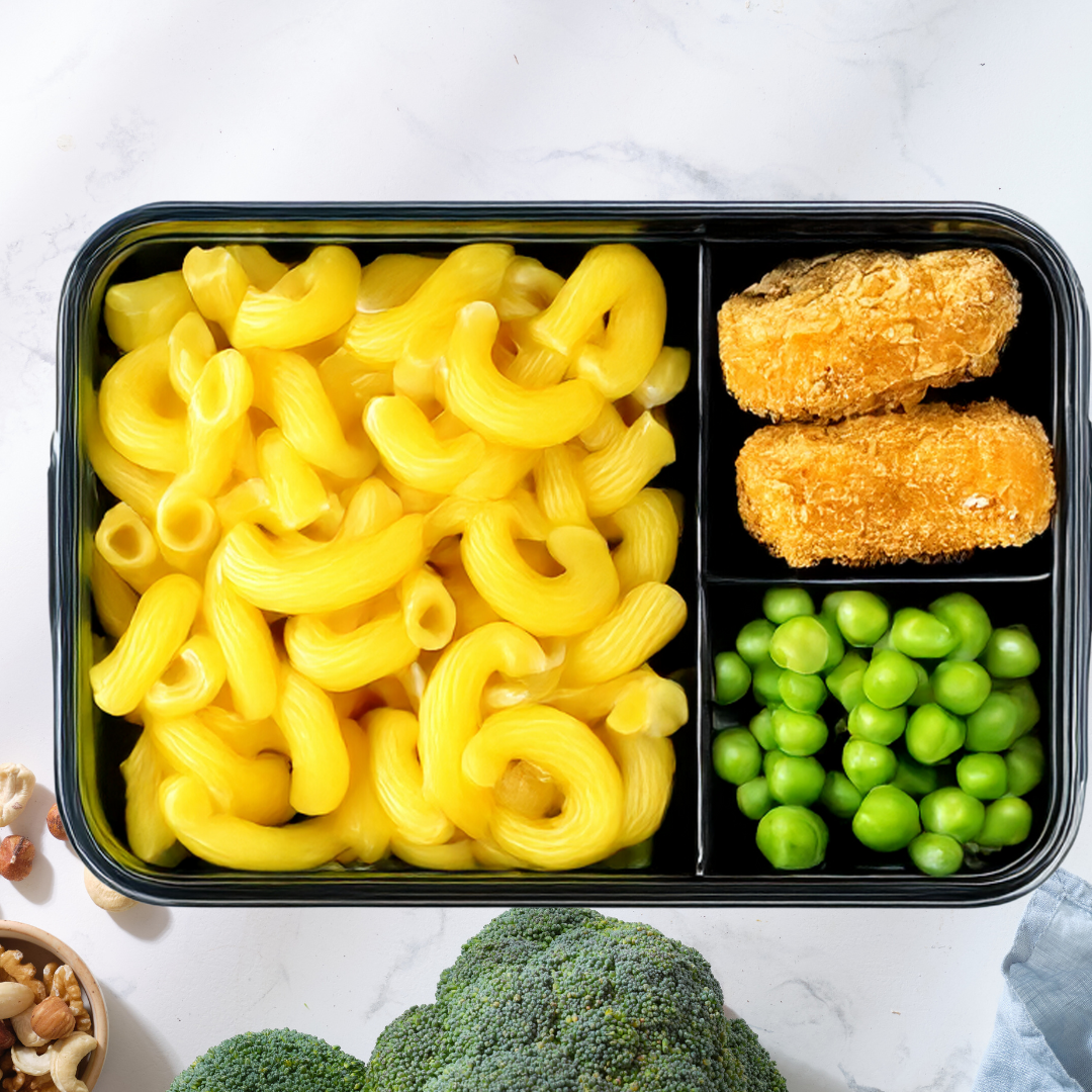 Low Fat Pumpkin Mac n' Cheese with Chicken Bites and Buttered Peas