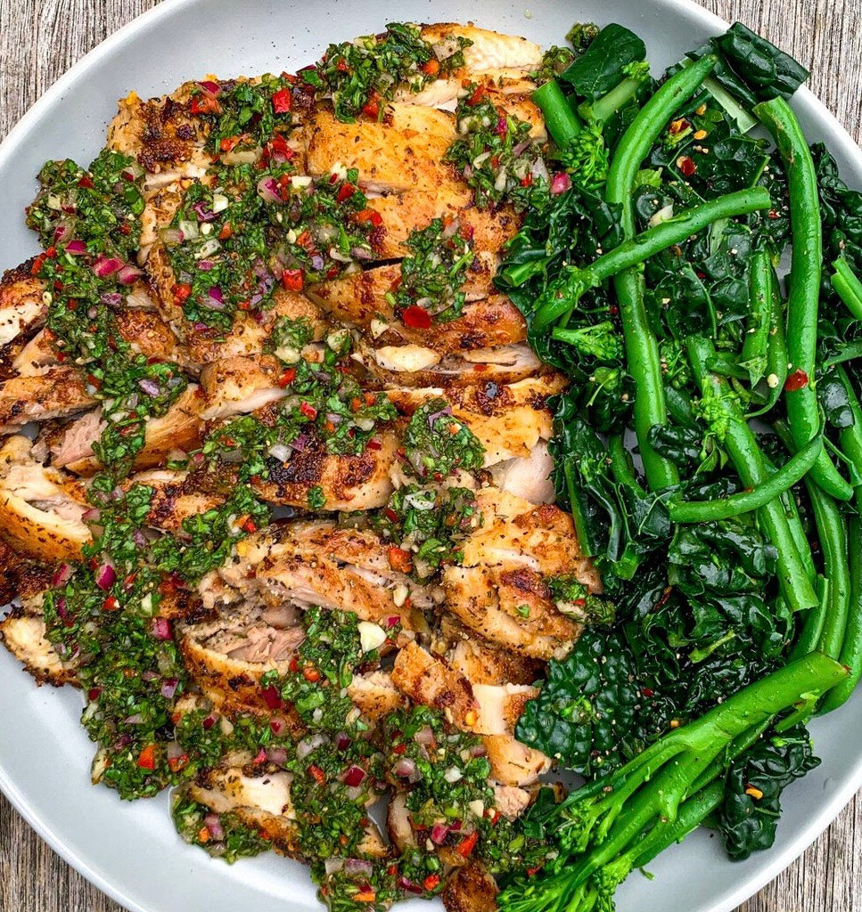 Argentinian Fire Roasted Chicken Protein Bowl with Chimichurri Sauce and Sautéed Green Vegetable Medley (Dairy Free, Dairy Free, Not Spicy)