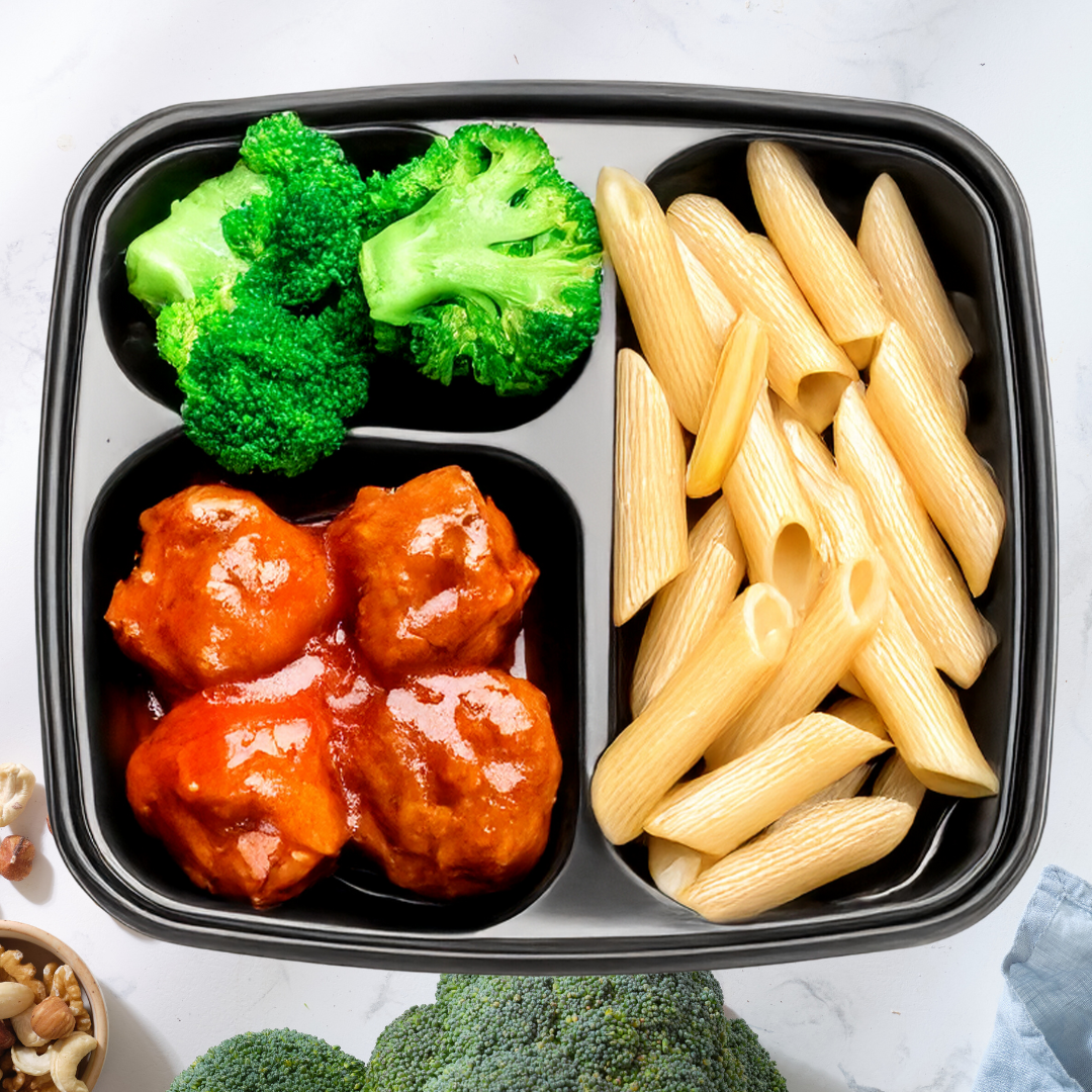 Buttery Penne Carbonara with Honey BBQ Meatballs and Seasoned Broccoli