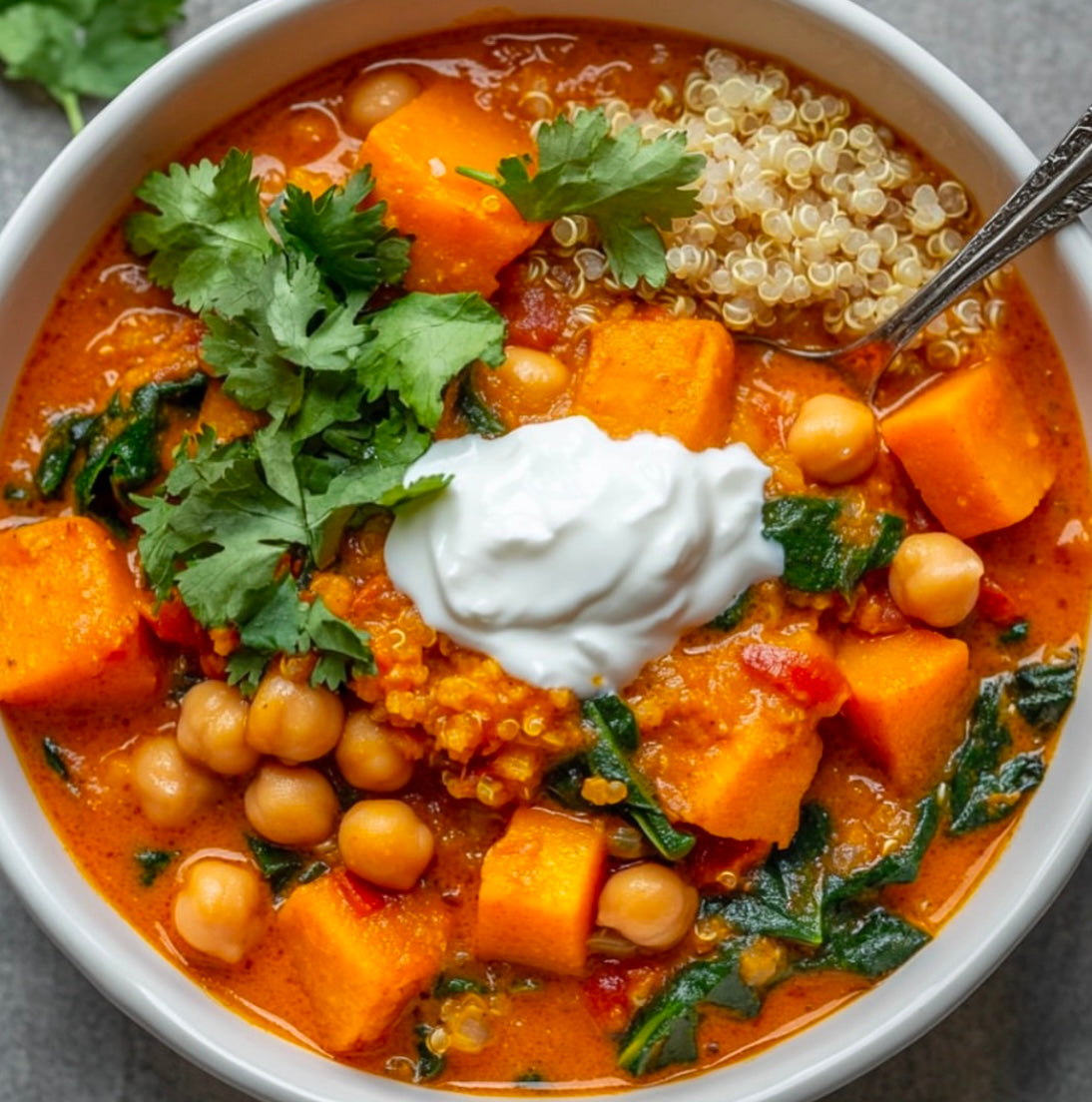 Curried Root Vegetable Health Bowl with Quinoa, Spinach, Kale and Creamy Béchamel (Gluten Free, Dairy Free, Not Spicy)