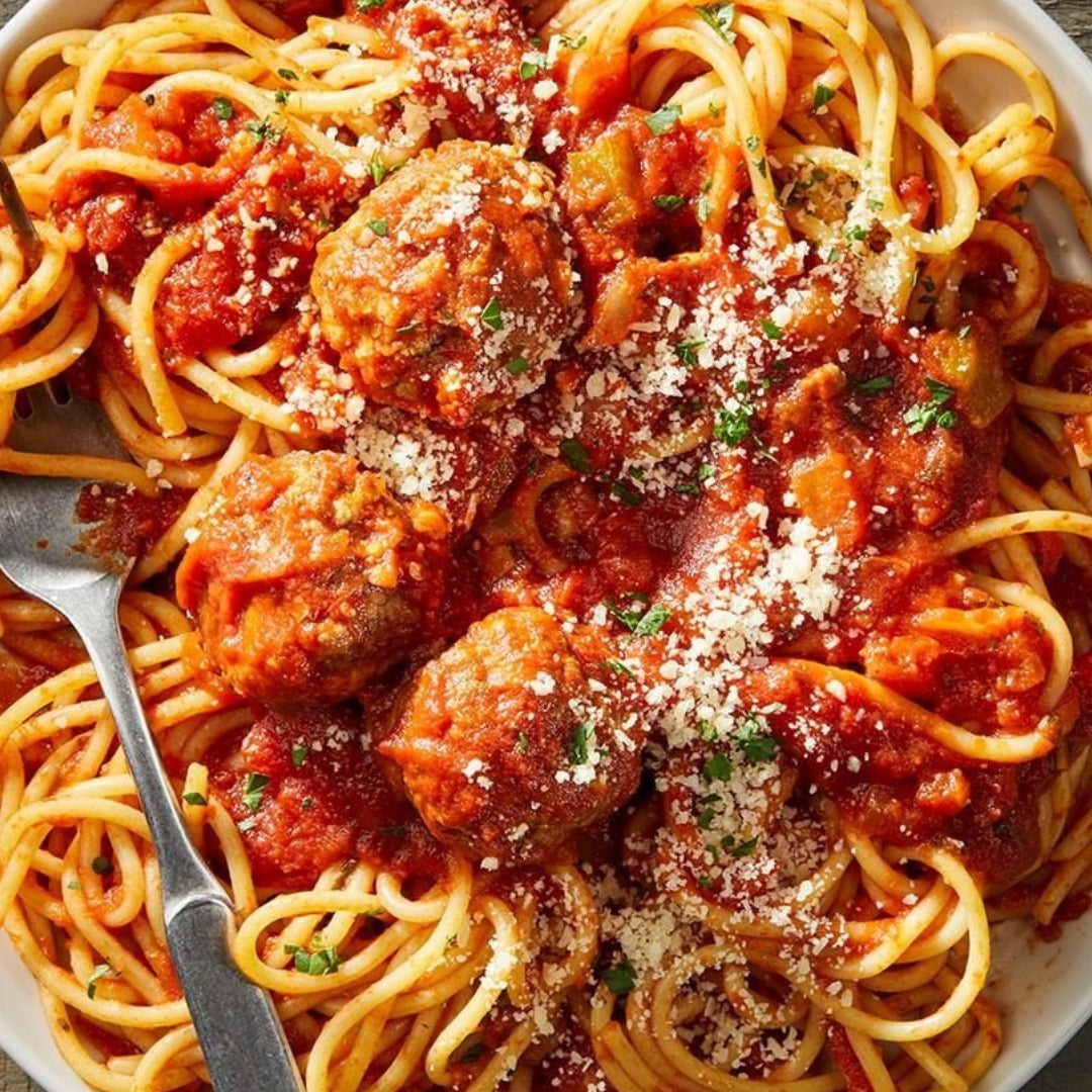 Caramelised Onion, Lentils and Garlic Bolognese Sauce over Falafel Meatballs and Marinara Spaghetti (Contains Gluten, Dairy Free, Not Spicy)