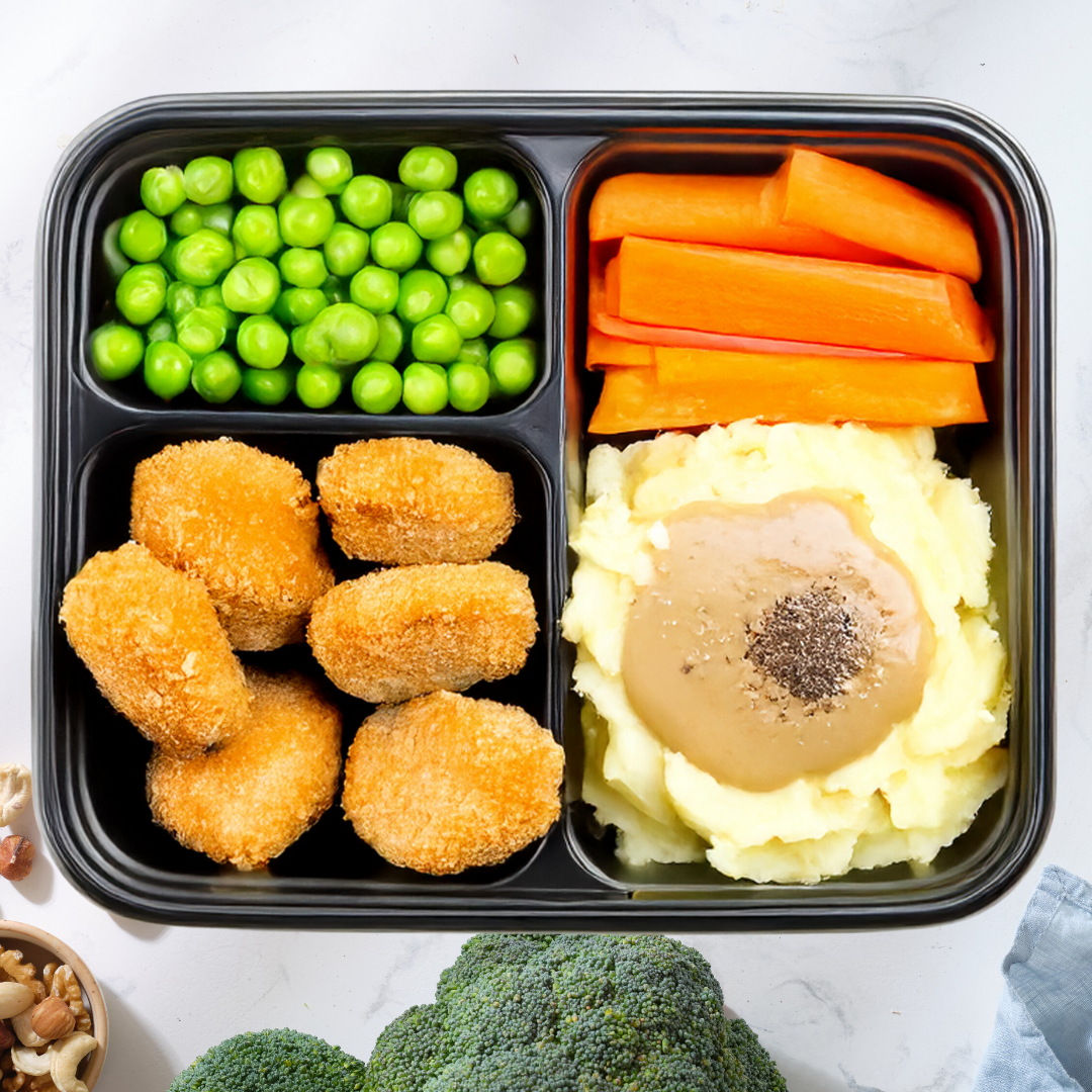 Brown Gravy Mashed Potato Meal with Parmesan Chicken Bites and Veggies