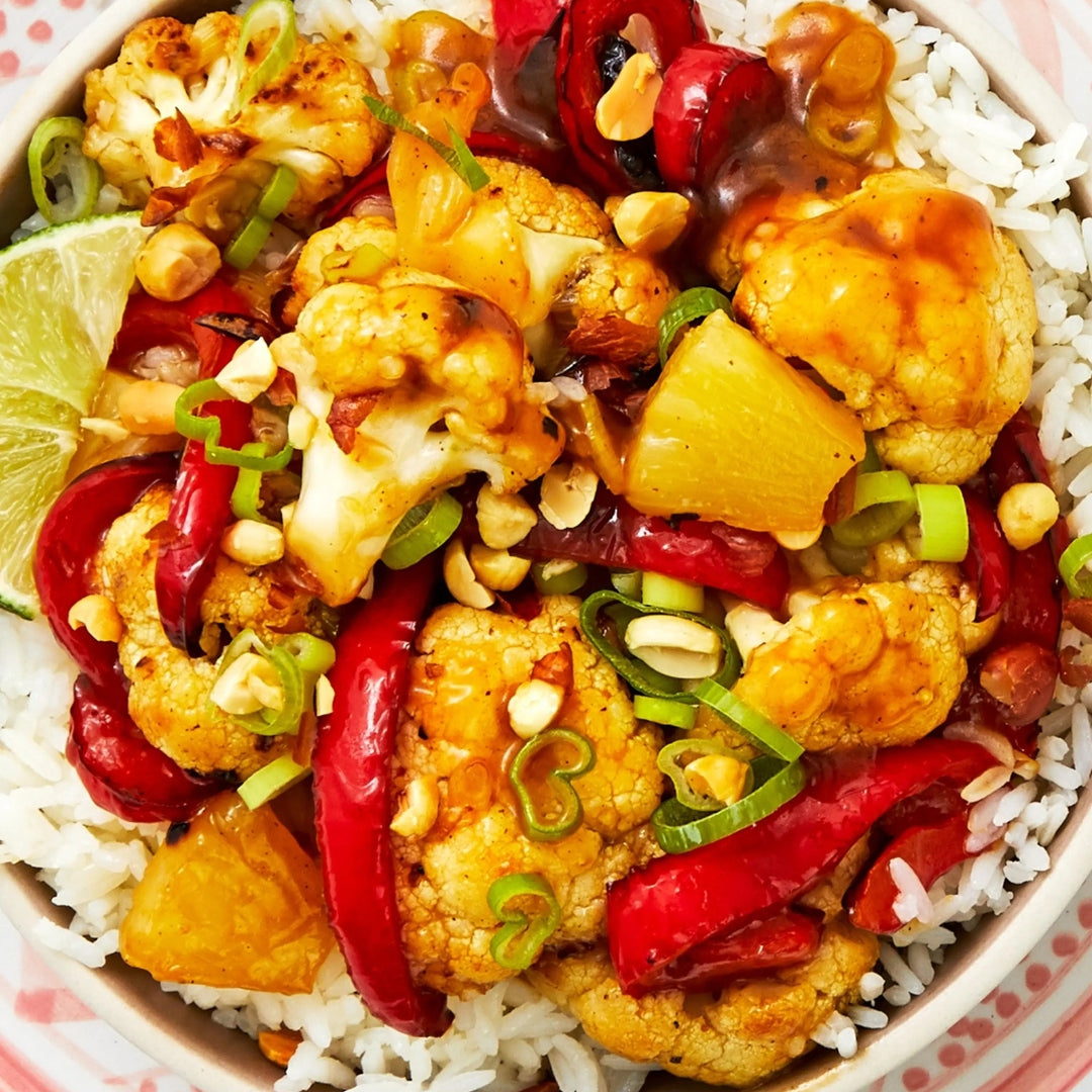 Chinese Kung Pao Tempura Cauliflower with Pineapple, Vegetable Medley and Roasted Peanuts (Gluten Free, Dairy Free, Not Spicy)