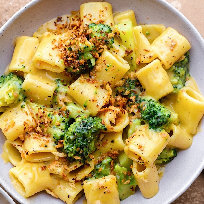 Cream of Broccoli Rigatoni Pasta topped with Onion Crispies(Contains Gluten, Dairy Free, Not Spicy)