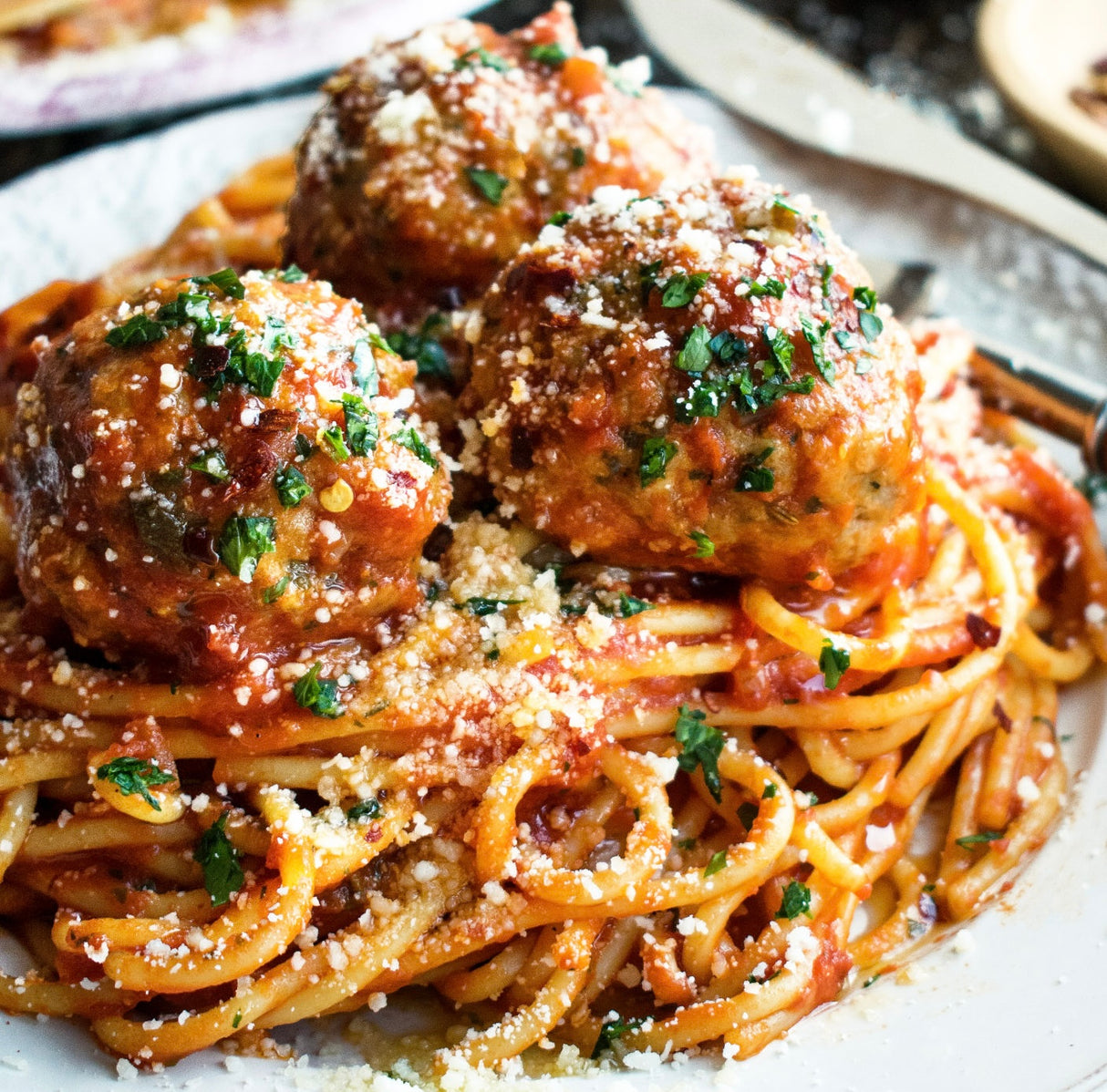 Classic Spaghetti and Falafel Meatball with a Tomato Ragu Sauce (Contains Gluten, Dairy Free, Not Spicy)