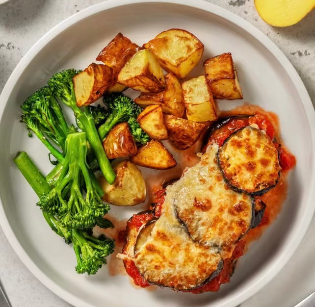 Cheesy Baked Eggplant Parmesan with Roasted Potatoes and Broccoli (Gluten Free, Dairy Free, Not Spicy)