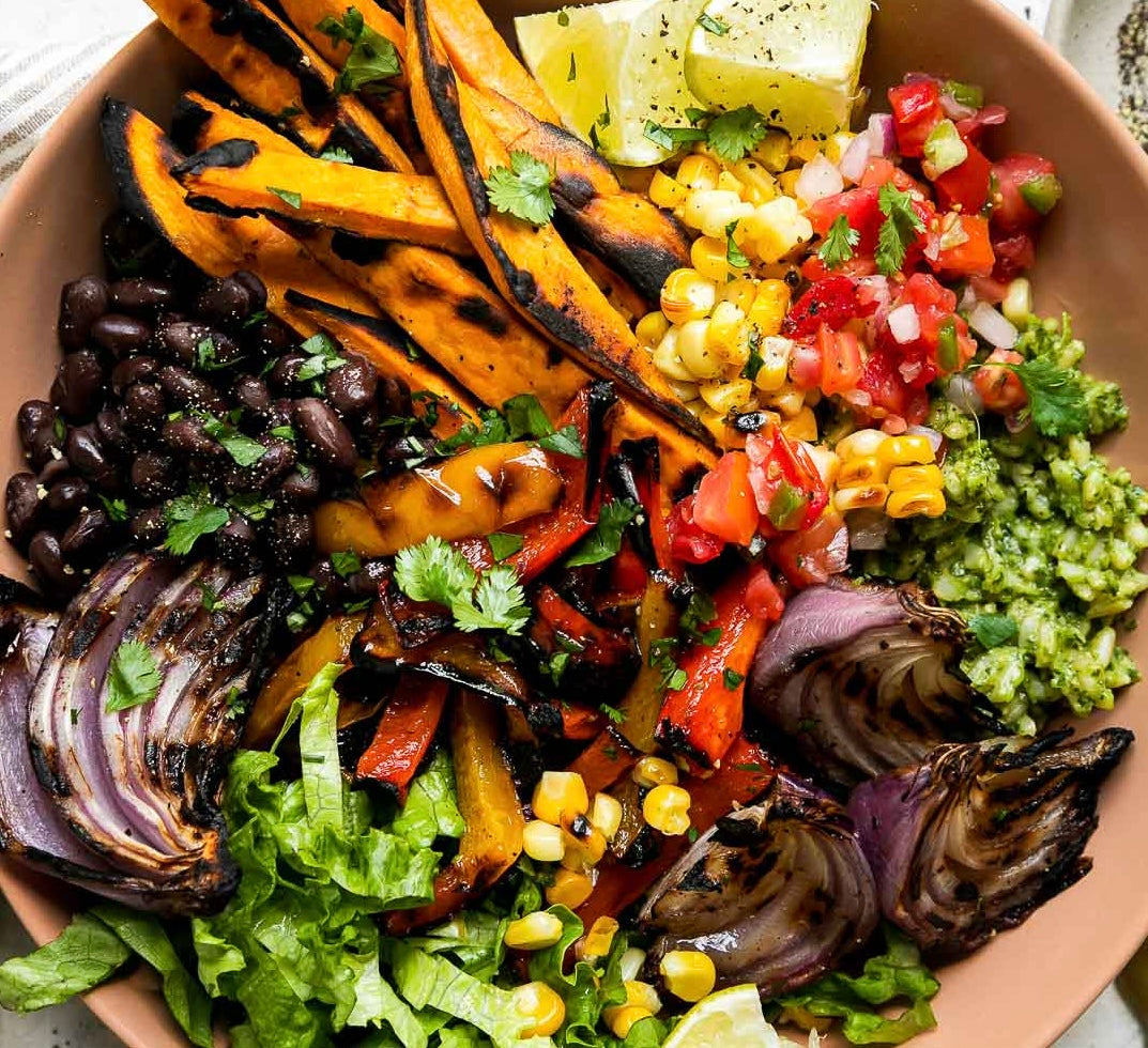 Mexican Grilled Vegetable Burrito Protein Bowl with Corn Salsa and Salsa Verde (Gluten Free, Dairy Free, Mild Spice)