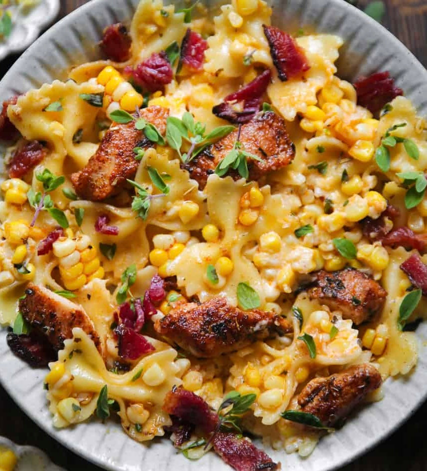 Mexican Street Corn Style Bow Tie Pasta with Rotisserie Chicken and Bacon (Gluten Free, Dairy Free, Not Spicy)