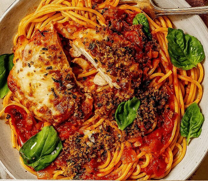 Chicken Parm Spaghetti in a Spicy Tomato Sauce and Side of Mediterranean Vegetables (Contains Gluten, Contains Dairy, Mild Spice)