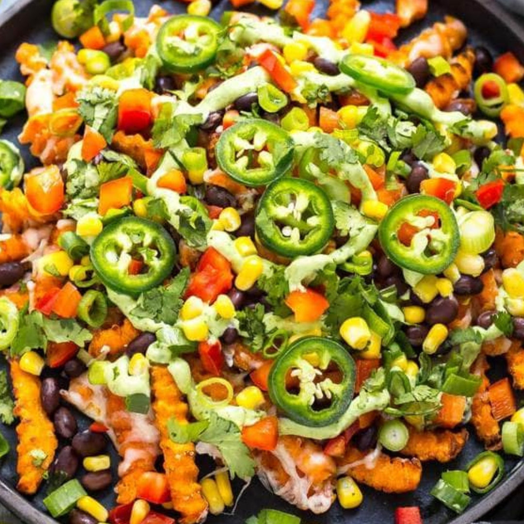 Loaded ‘Nacho’ Sweet Potato Wedges with Tex Mex Vegetable Medley and Chimichurri Aioli (Gluten Free, Dairy Free, Not Spicy)