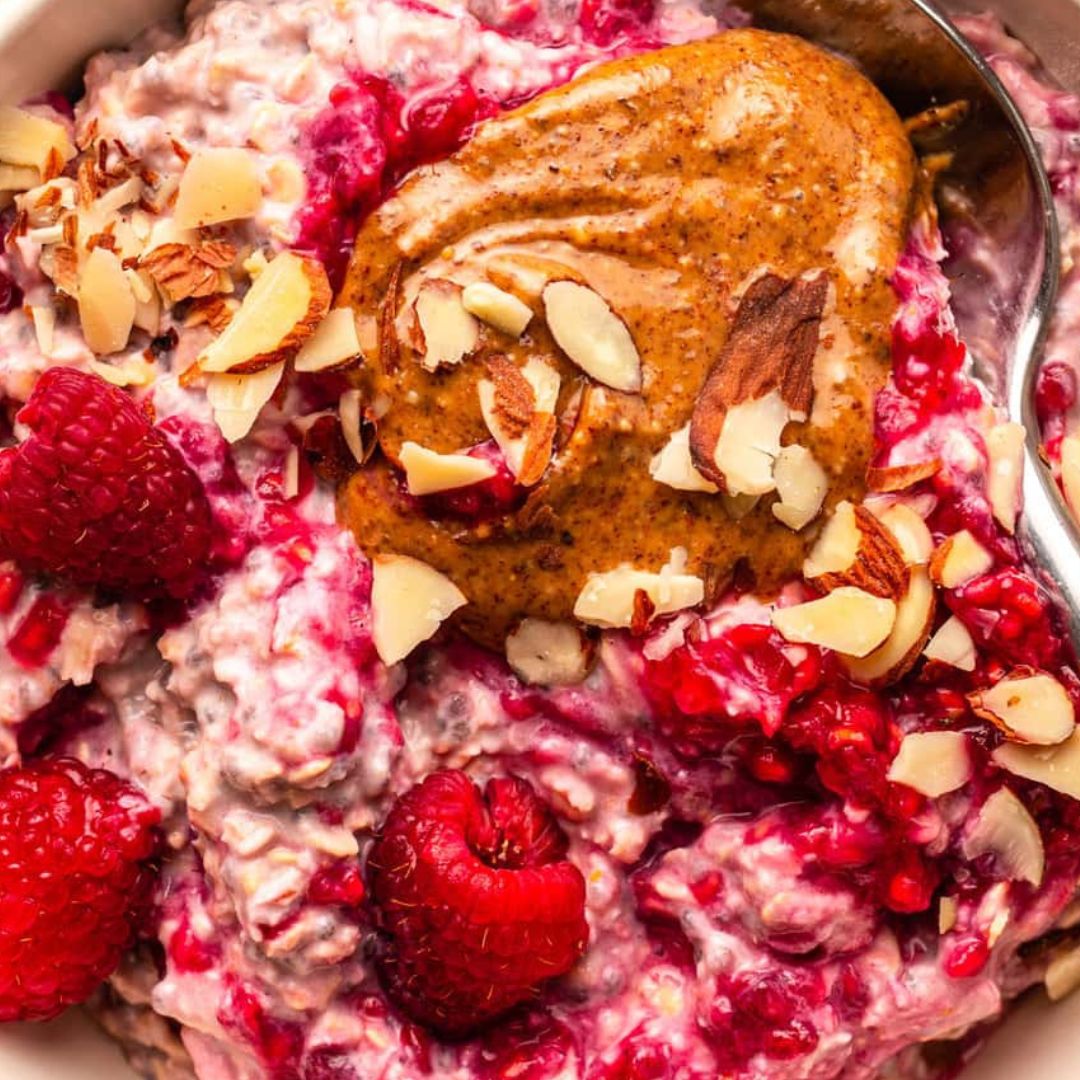 Raspberry Almond Butter Overnight Oats (+28g of Vanilla Vegan Plant-Based Protein & Almond Milk)